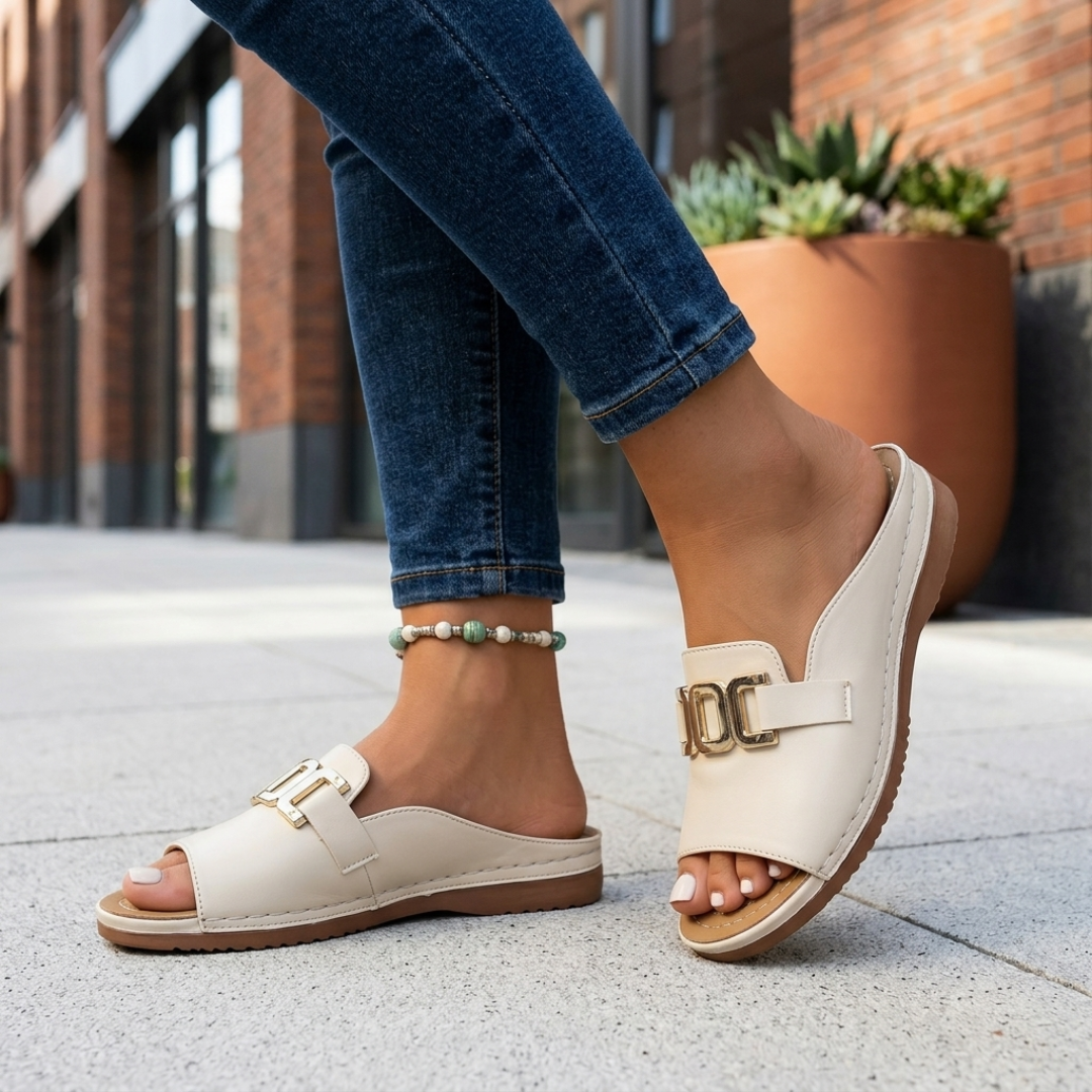 Sandali Donna Slip-On Open Toe con Fibbia in Metallo Tacco Zeppa