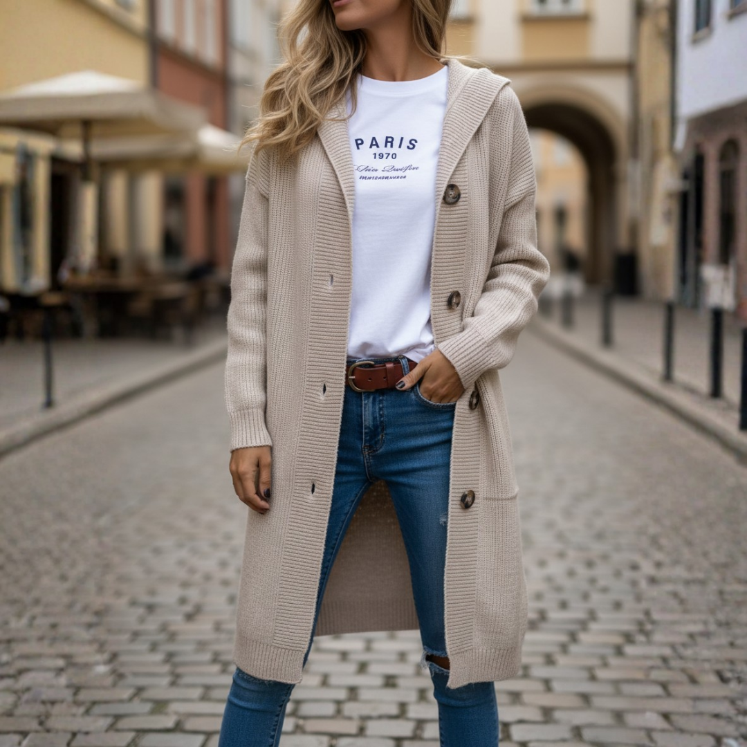 Cardigan donna lungo in maglia con cappuccio
