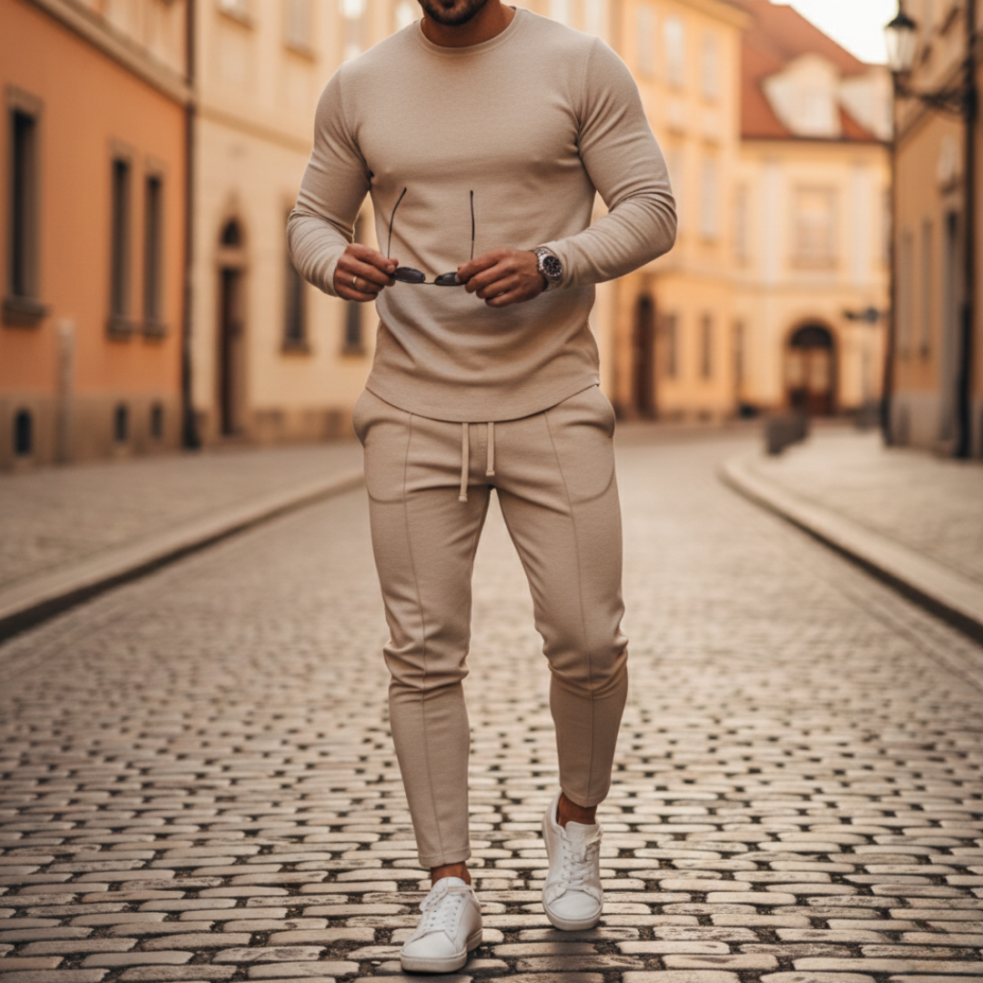 Set Coordinato in Maglia con Pantaloni Slim e Felpa a Girocollo Uomo