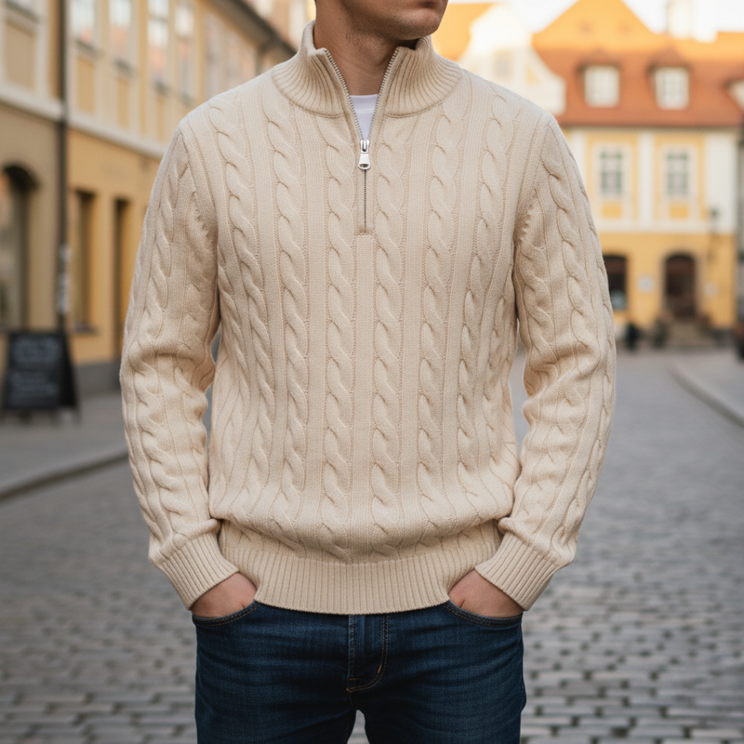 Uomo Maglione Treccia Mezza Zip