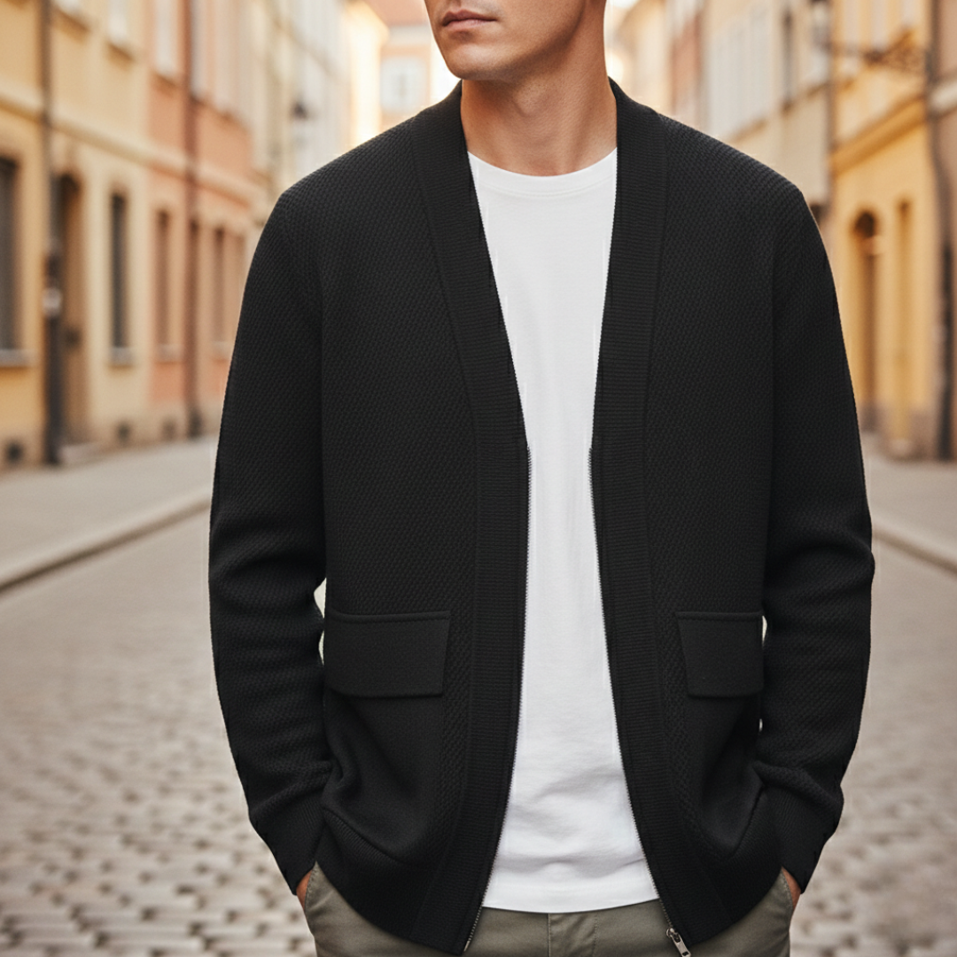 Cardigan Cashmere Chiusura Lampo Maglia Intrecciata Tasche Uomo