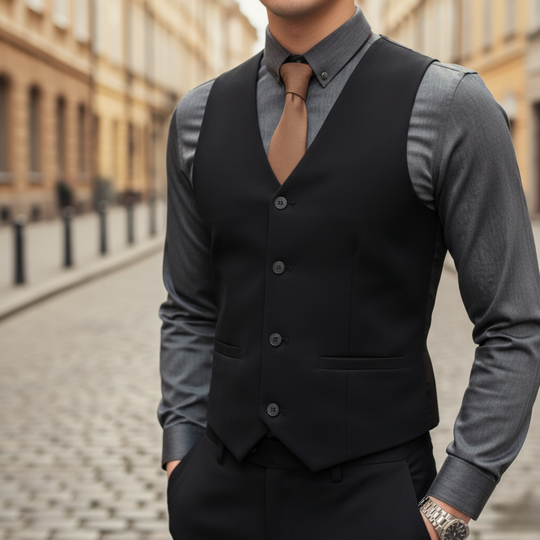 Gilet Uomo Slim Fit in Tessuto Stretch con Scollo a V e Bottoni