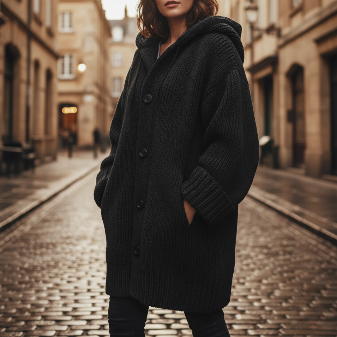 Cardigan Oversize Donna con Cappuccio in Misto Fibre
