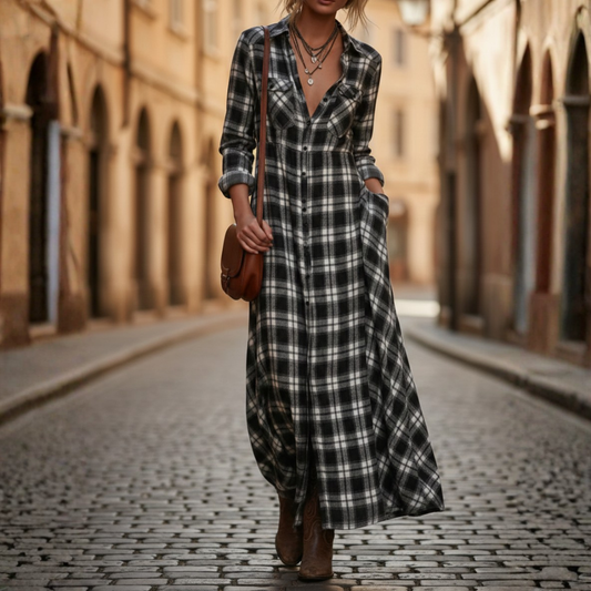 Abito Maxi Donna a Quadri con Bottoni e Maniche Lunghe