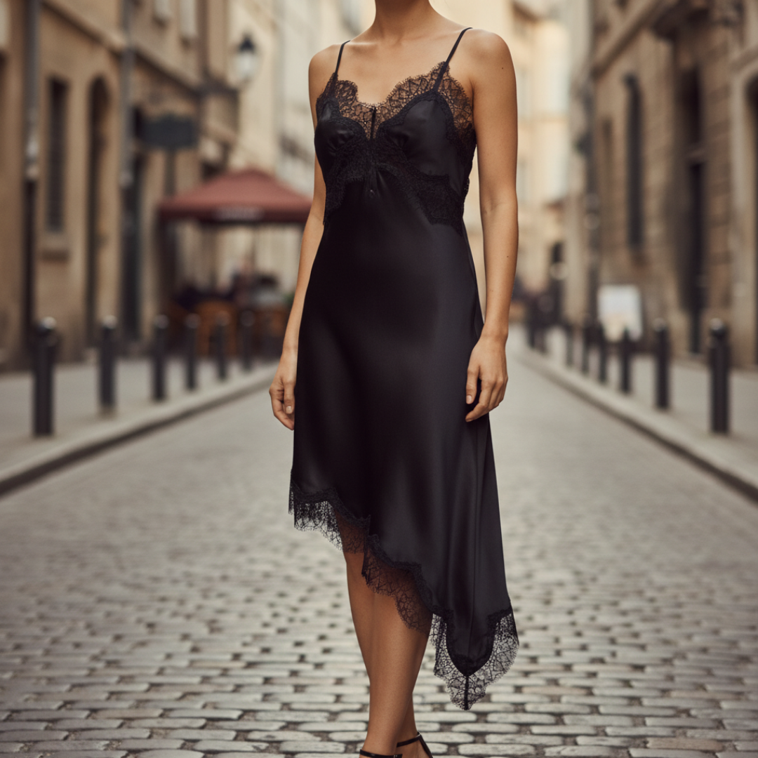 Abito Mini Sottoveste Donna in Raso con Inserti in Pizzo
