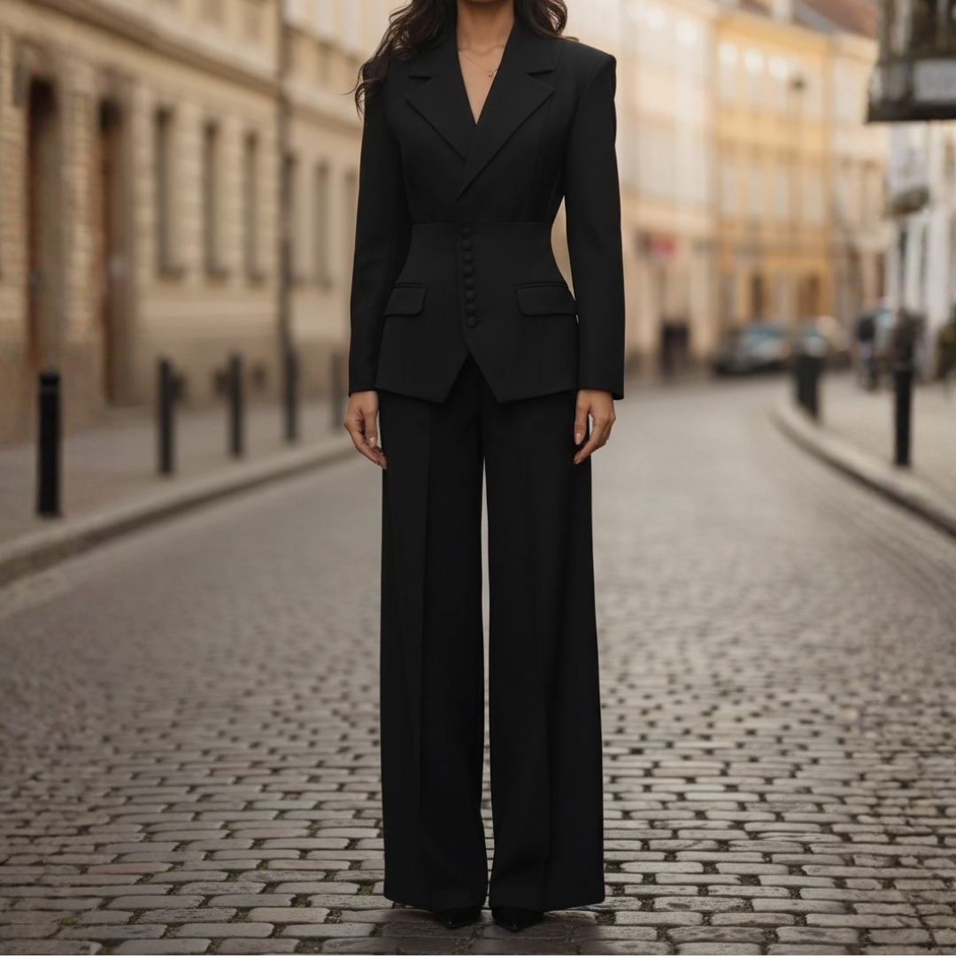 Completo Donna Blazer Monopetto e Pantaloni a Vita Alta a Gamba Larga