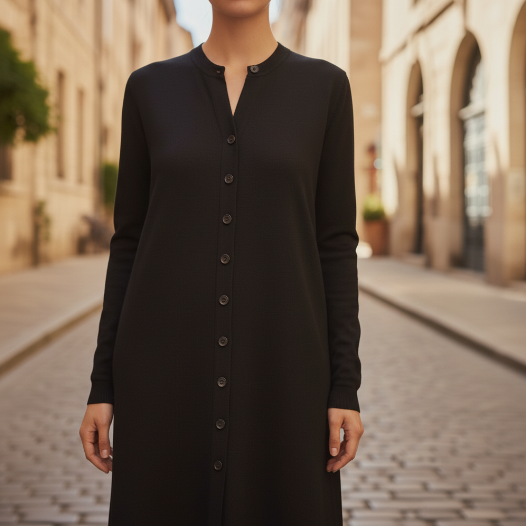 Abito Maxi Donna in Maglia Maniche Lunghe con Bottoni e Tessuto a Coste