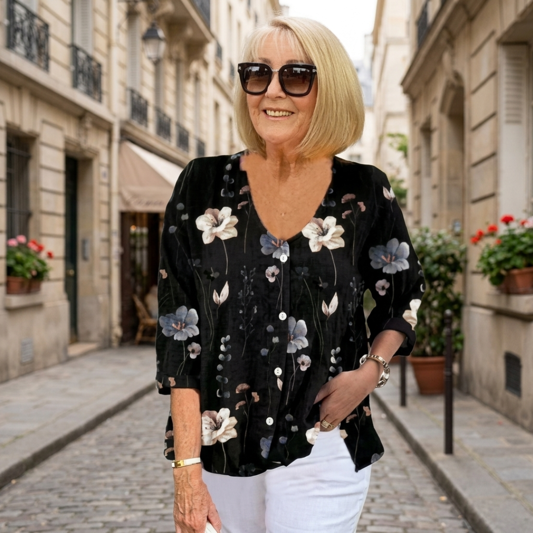 Blusa Donna Stampa Floreale Bottoni Scollo a V Manica Tre Quarti