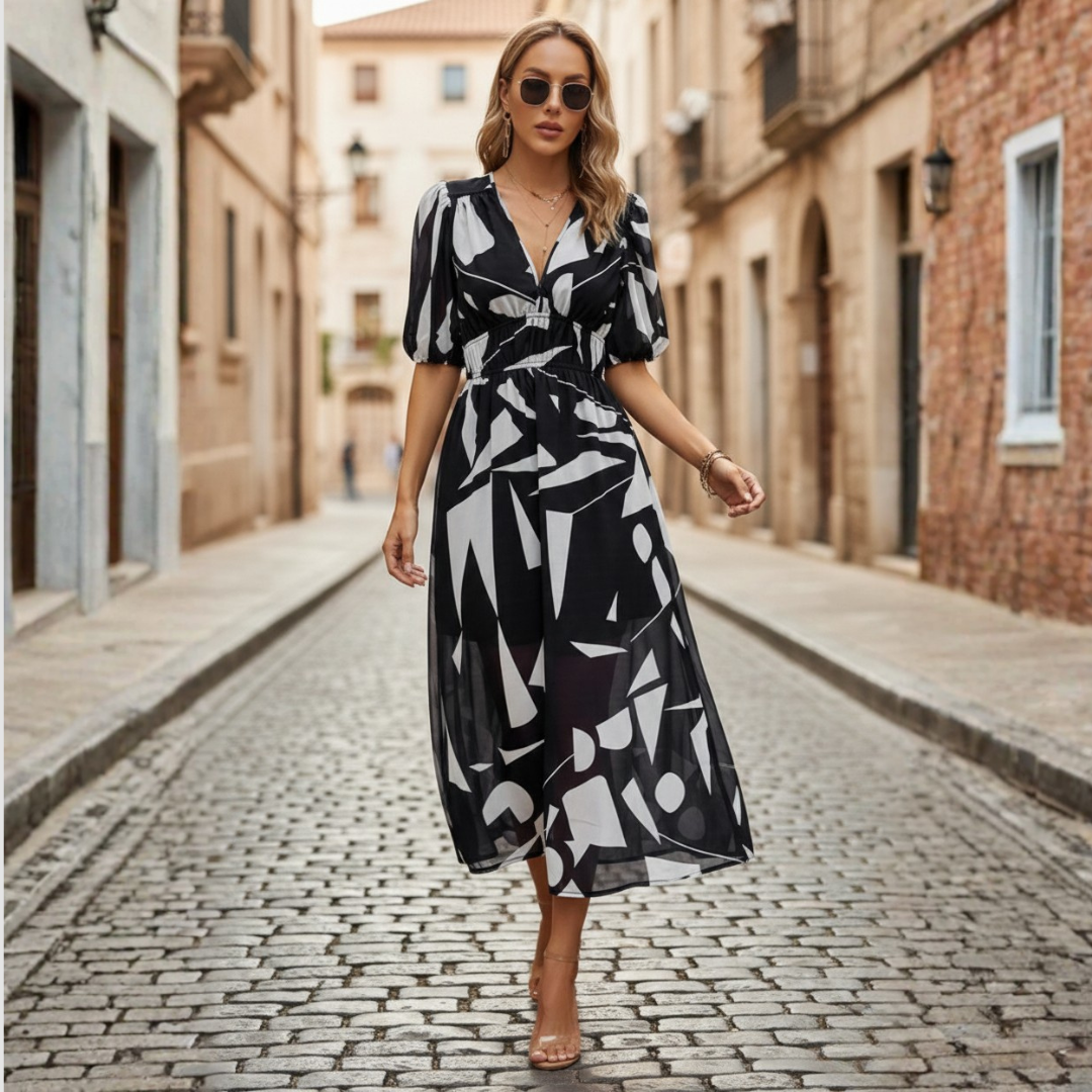 Abito Midi Donna Scollo a V Stampa Geometrica