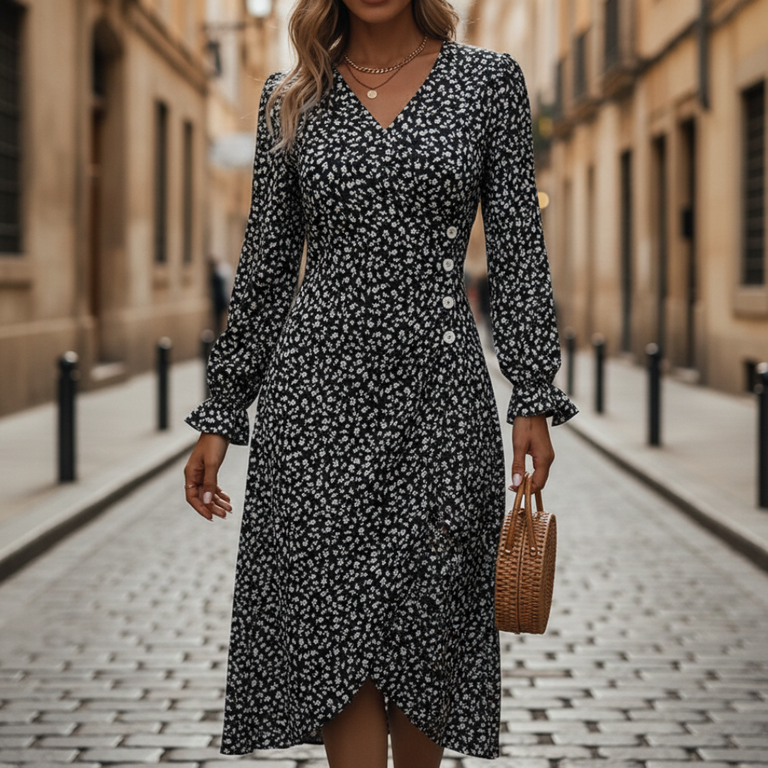 Abito Midi Donna Floreale con Scollo a V e Maniche Lunghe