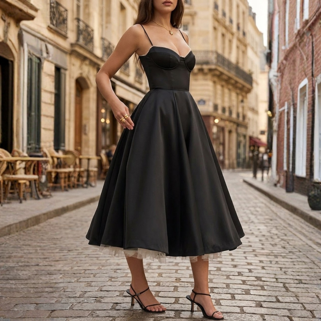 Abito Midi Donna in Raso con Corpetto e Spalline