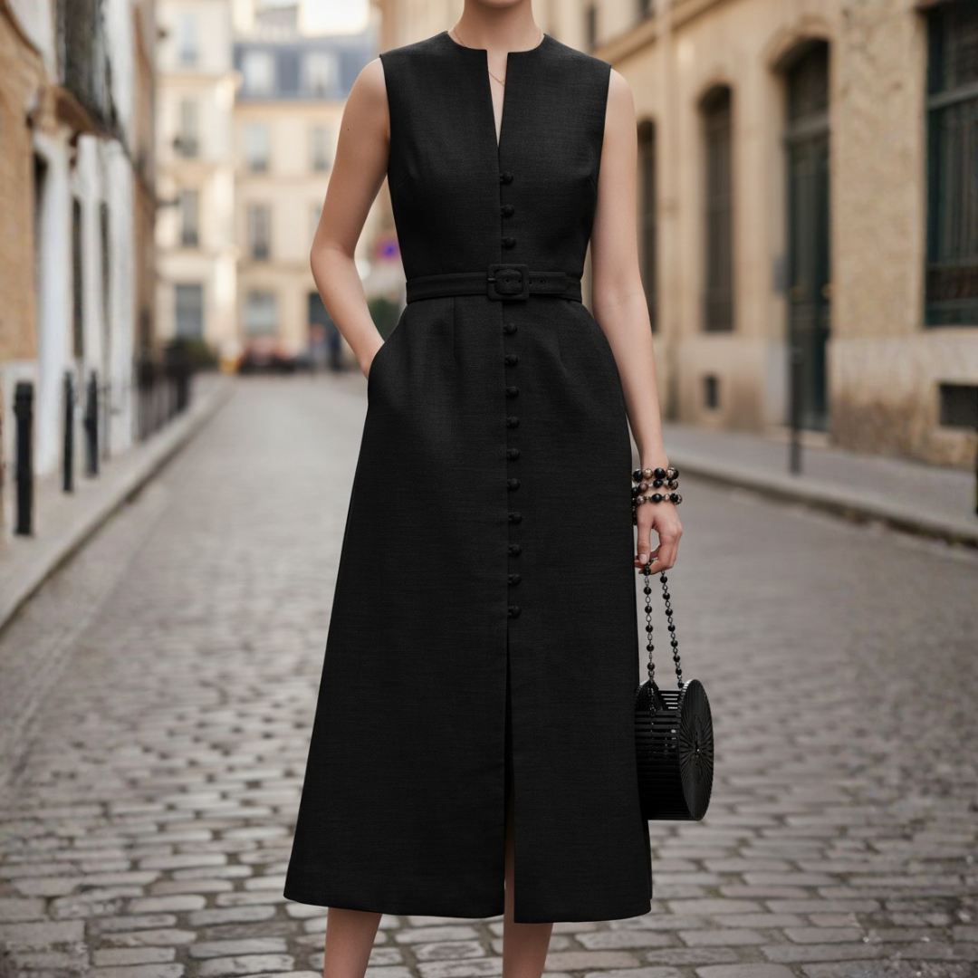 Abito Midi Donna Smanicato con Bottoni e Cintura