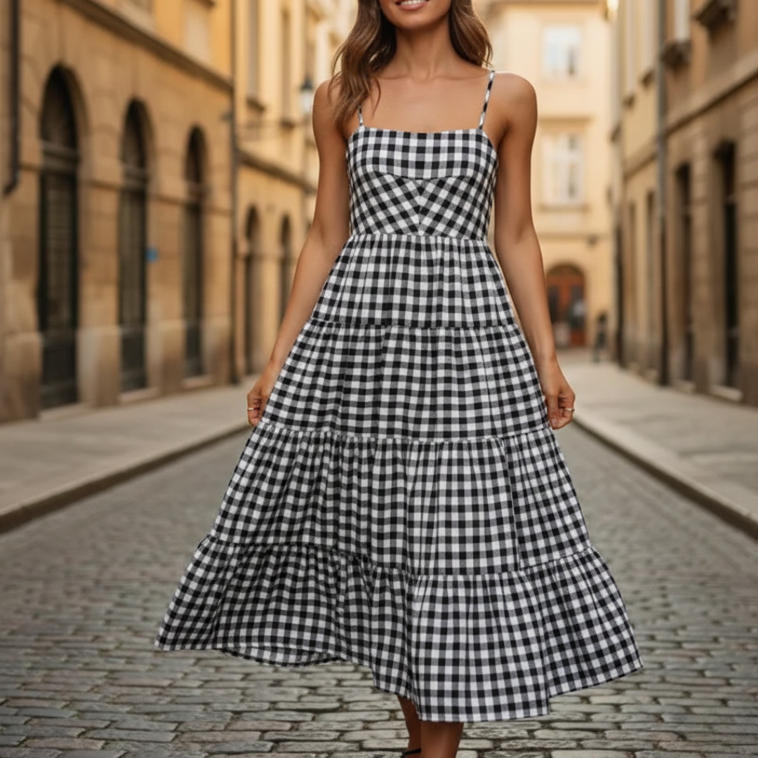 Abito Midi Estivo a Quadretti da Donna con Gonna a Balze