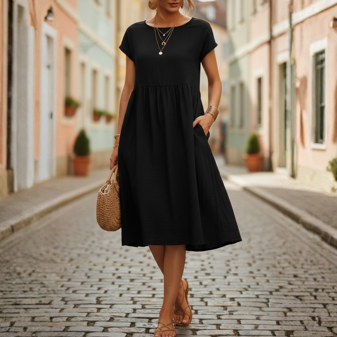 Abito Midi a Balze Maniche Corte Girocollo Donna