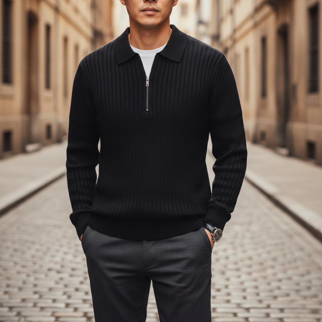 Polo a Manica Lunga in Lana Merino con Zip Uomo