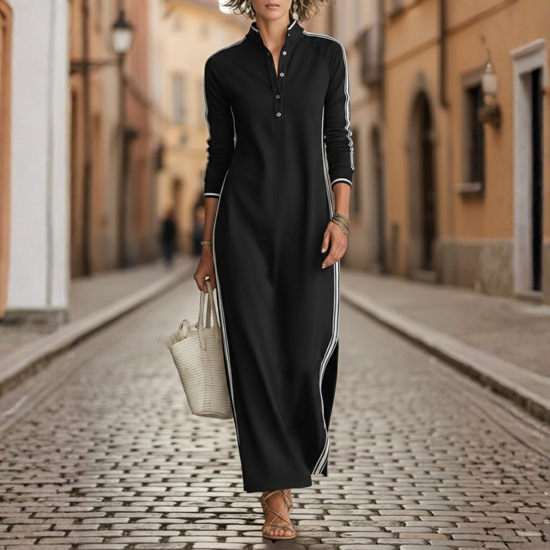 Abito Maxi Donna con Bottoni e Profili Bianchi
