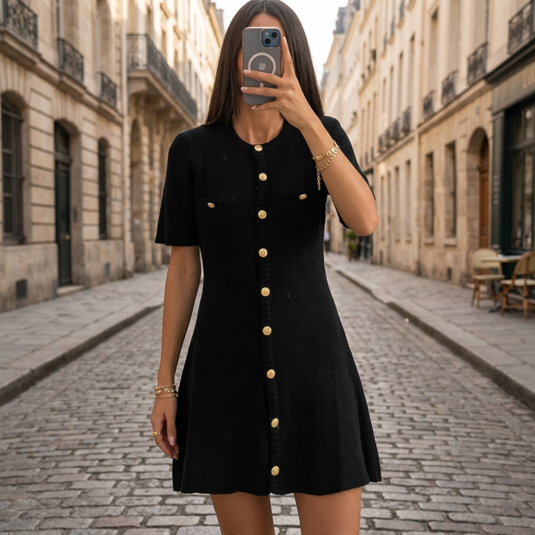 Abito Mini Donna in Maglia Maniche Corte con Bottoni e Costine Slim