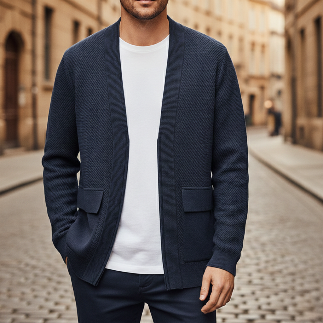 Cardigan Cashmere Chiusura Lampo Maglia Intrecciata Tasche Uomo