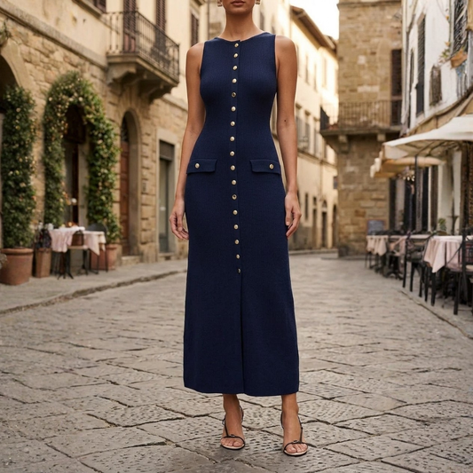 Abito Maxi Donna in Maglia Senza Maniche con Bottoni e Costine Slim