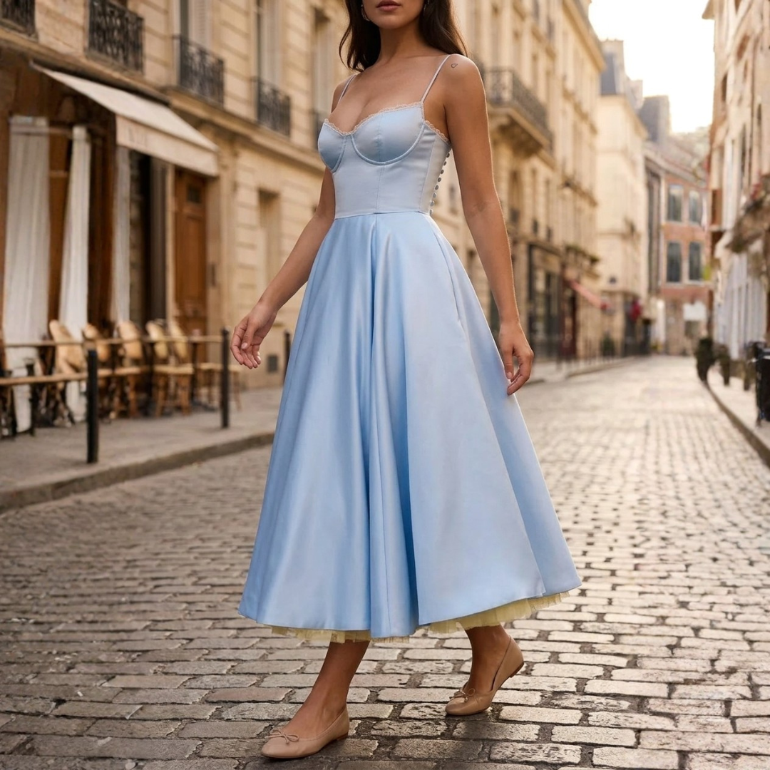 Abito Midi Donna in Raso con Corpetto e Spalline
