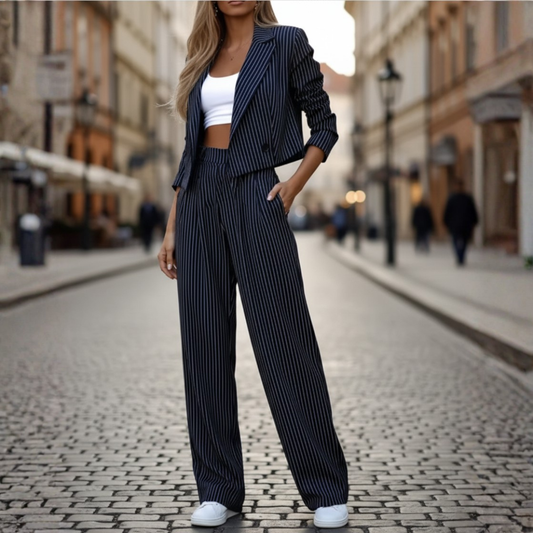 Completo Donna Elegante Blazer Crop e Pantaloni a Righe