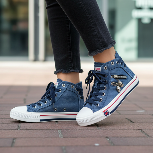 Sneakers Alte Donna in Denim Blu con Doppia Cerniera e Lacci