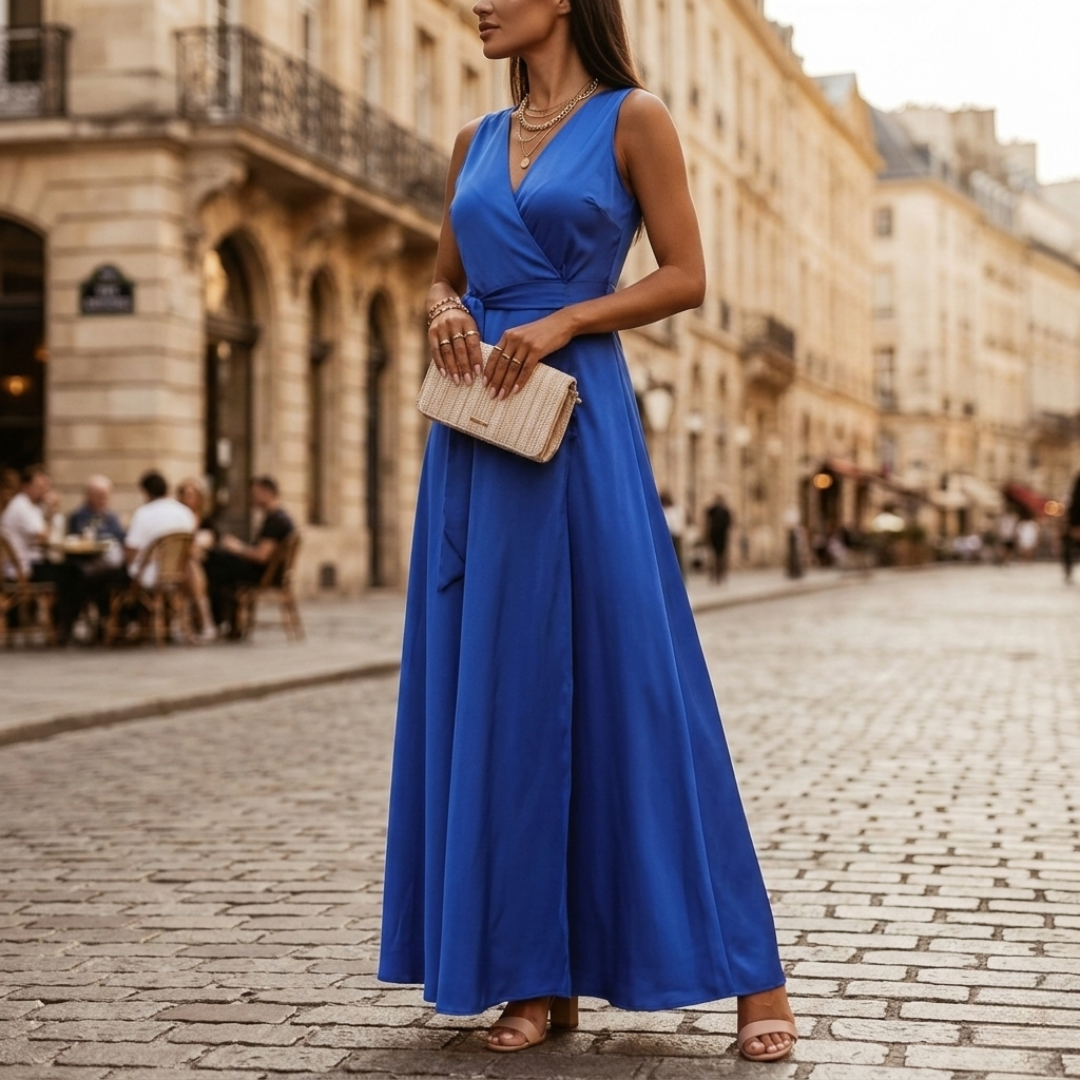 Abito Maxi Donna Elettrico con Scollo a V e Cintura
