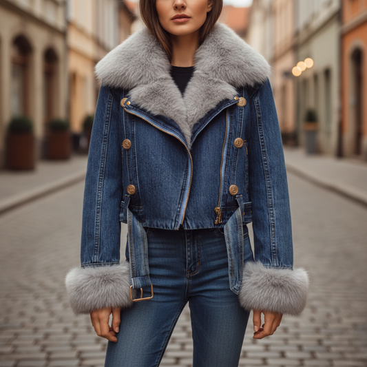 Giacca Donna Denim Con Collo In Pelliccia