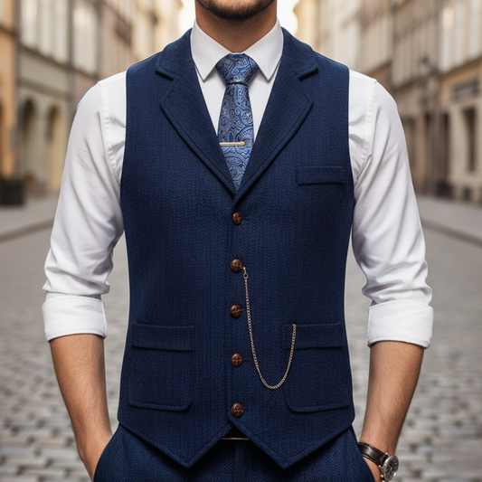 Gilet Uomo Slim Fit in Tweed Spigato con Revers e Bottoni