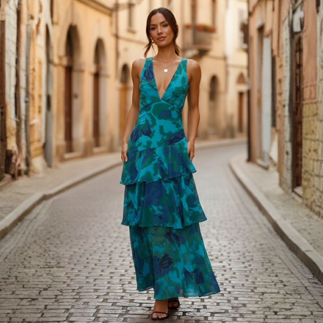 Abito Lungo Donna Scollo a V Balze Stampa Floreale