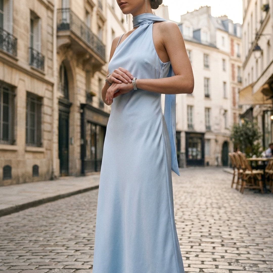 Abito Maxi Donna in Raso con Scollo Americano
