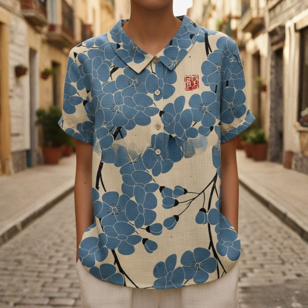Camicetta Ricamata a Fiori Maniche Corte Colletto Peter Pan Donna