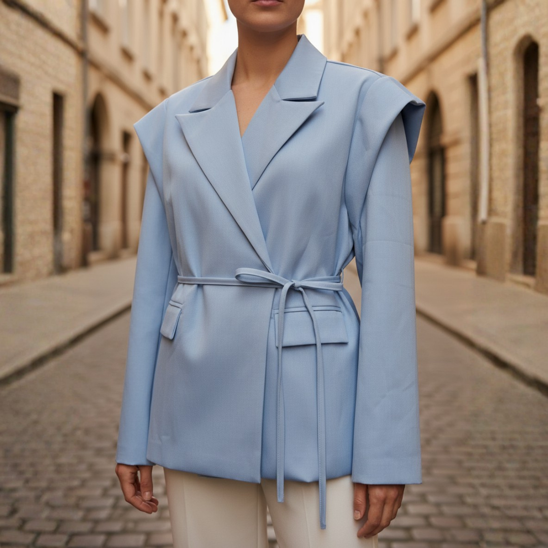 Giacca Blazer Donna con Cintura e Spalle Strutturate