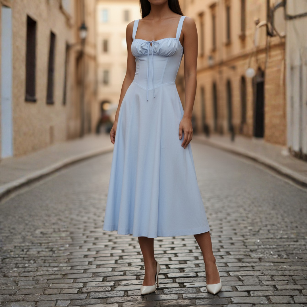 Abito Midi Donna con Corpetto Stringato e Gonna a Ruota