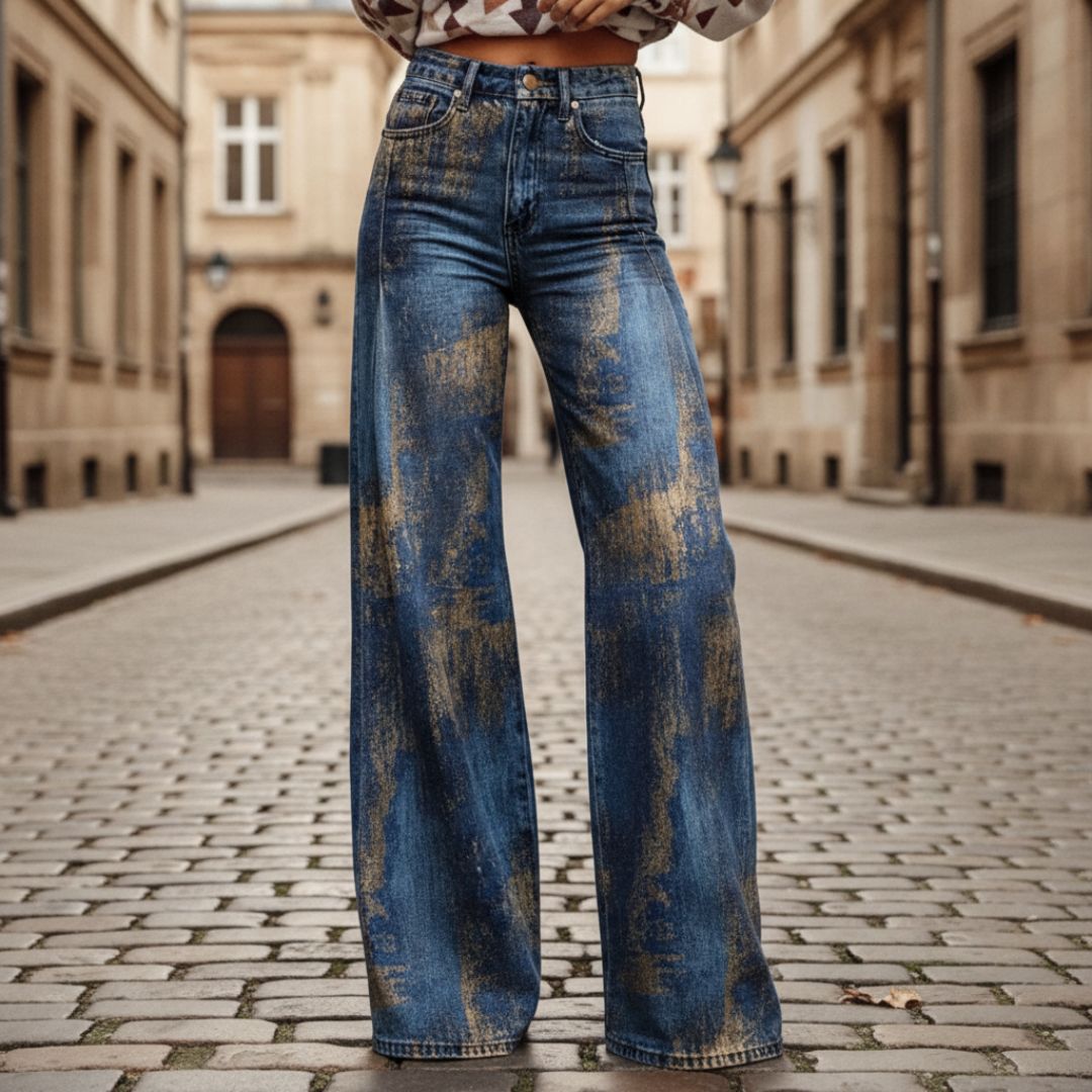 Jeans Donna a Gamba Larga con Lavaggio Sfumato