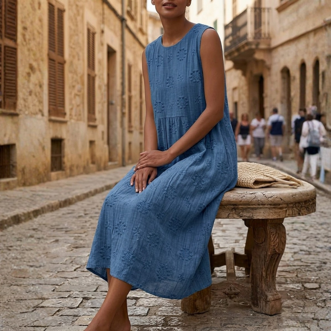 Abito Midi Donna in Cotone con Ricami Floreali