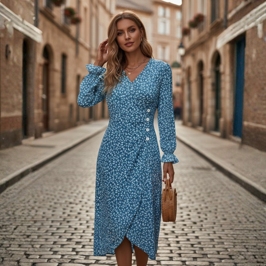 Abito Midi Donna Floreale con Scollo a V e Maniche Lunghe