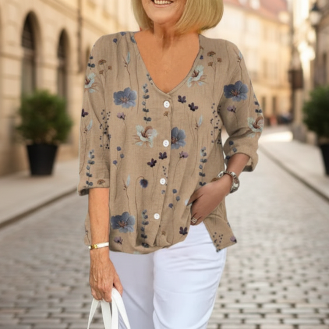 Blusa Donna Stampa Floreale Bottoni Scollo a V Manica Tre Quarti