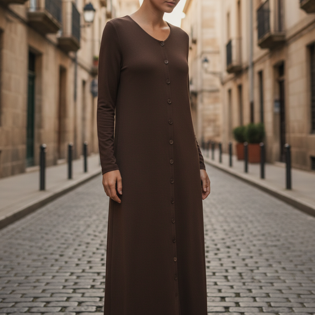 Abito Maxi Donna in Maglia Maniche Lunghe con Bottoni e Tessuto a Coste