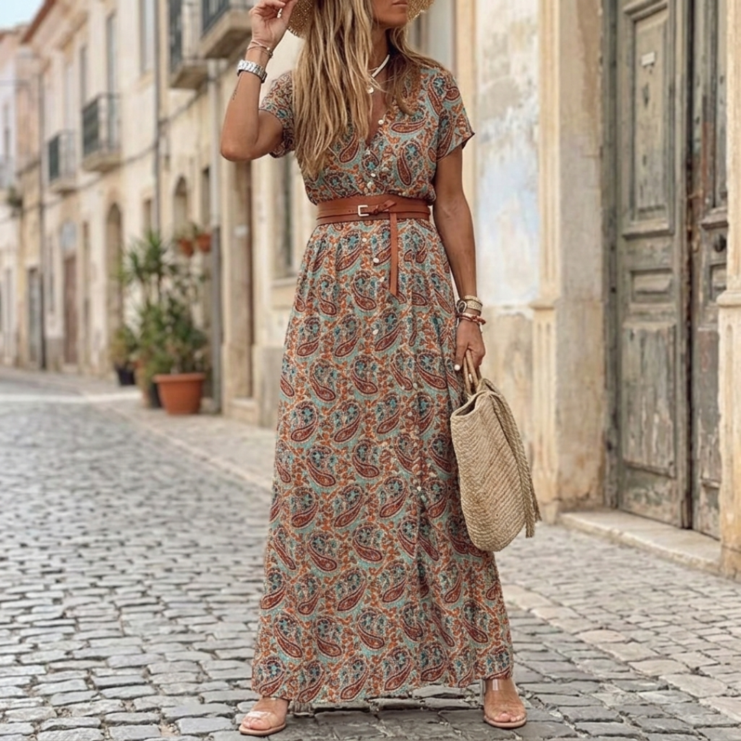 Abito Midi Donna Estivo Floreale Scollo V Maniche Sbuffo