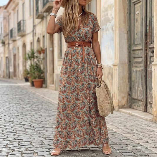 Abito Midi Donna Estivo Floreale Scollo V Maniche Sbuffo