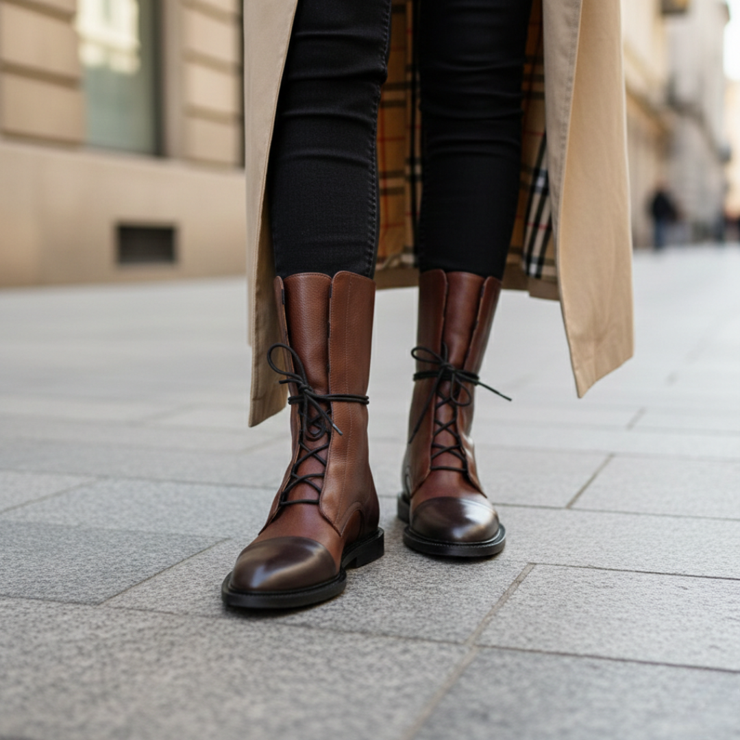 Stivali Stringati Donna in Pelle Sintetica a Punta