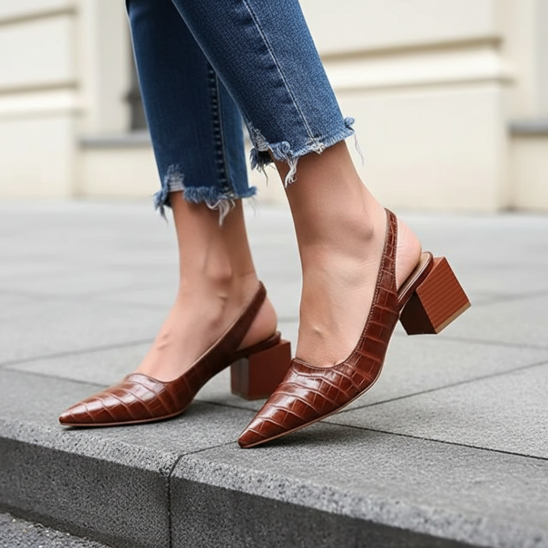 Scarpe Slingback Donna Tacco Largo Effetto Coccodrillo