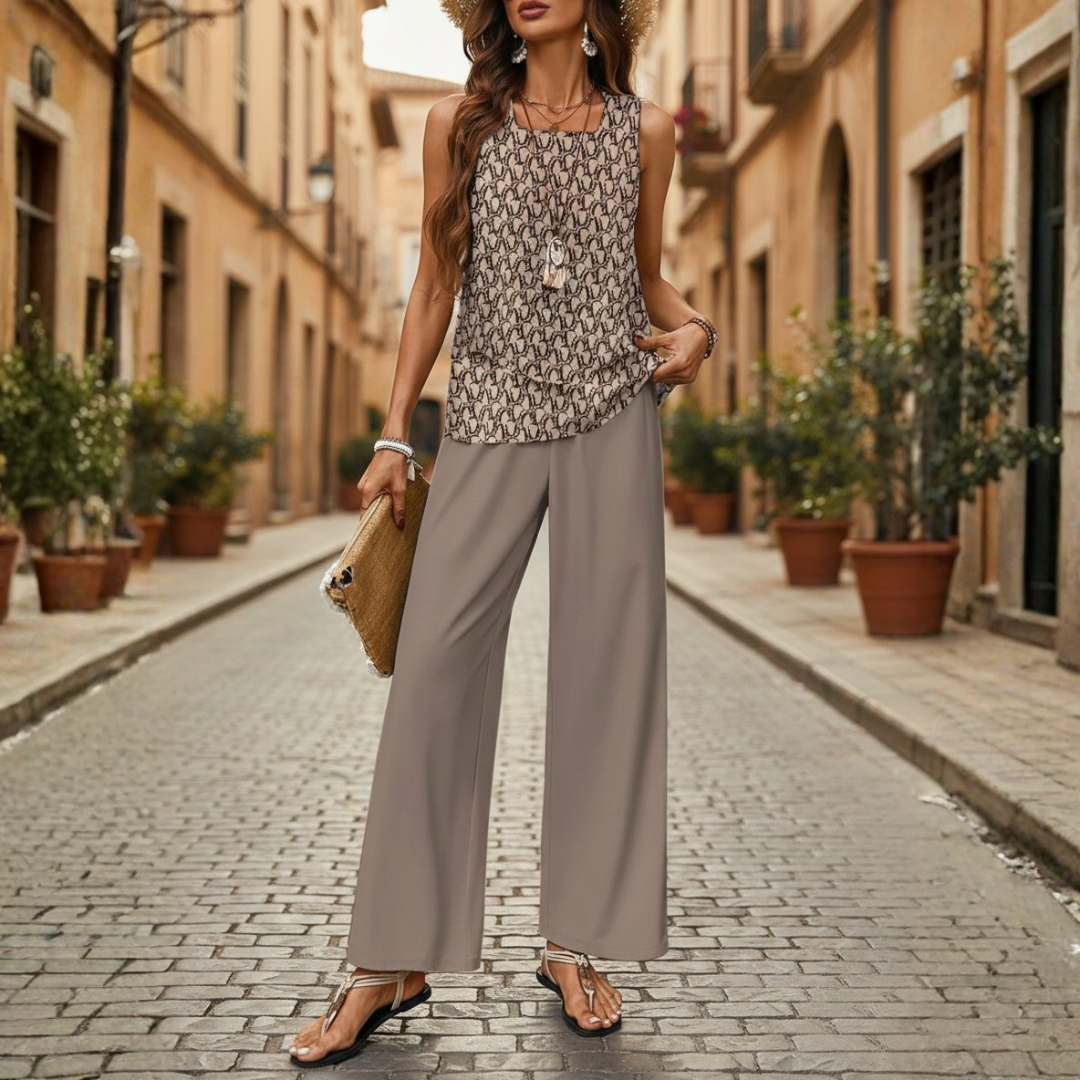 Completo Due Pezzi Top a Strati Senza Maniche Pantaloni Larghi Donna