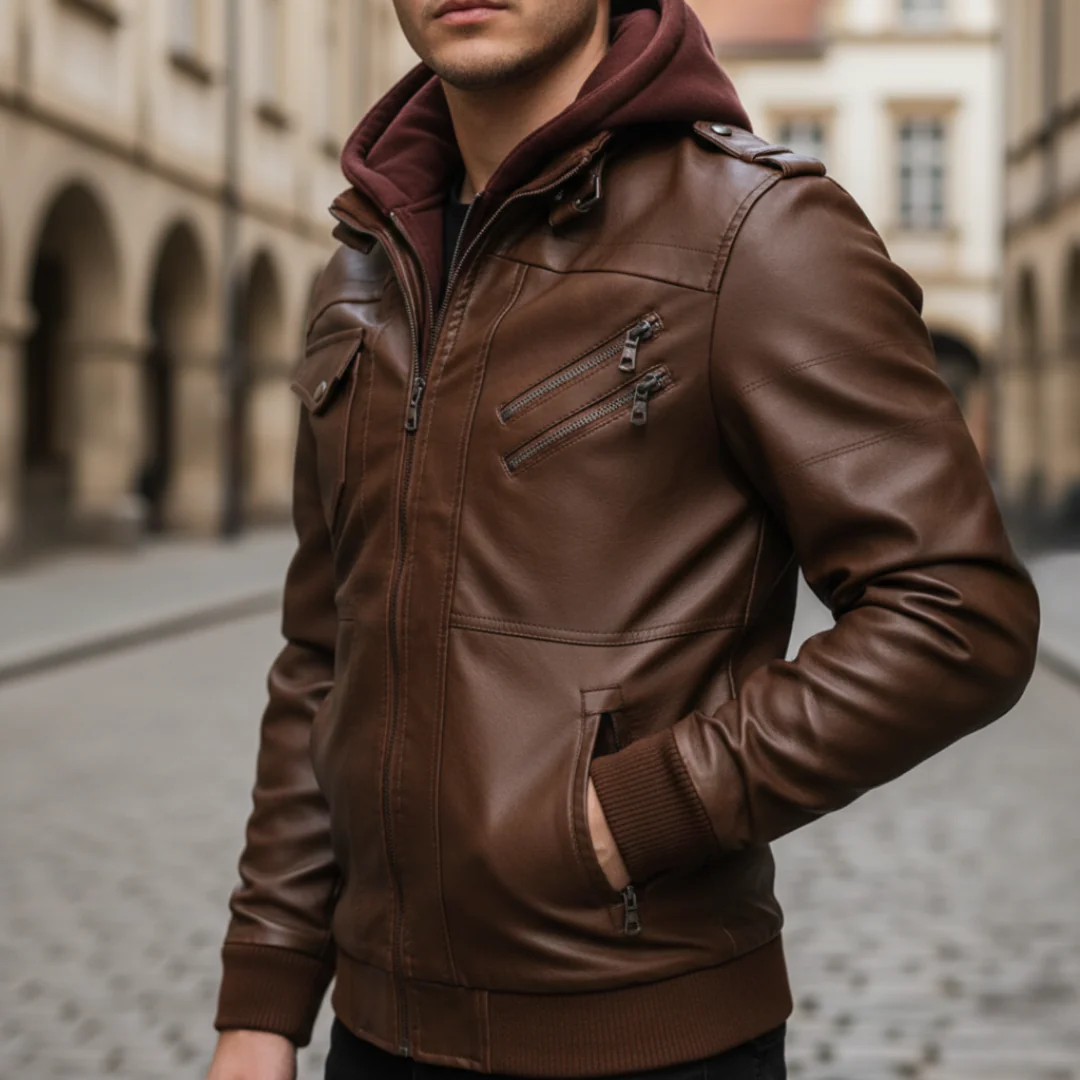 Giacca da Uomo in Pelle Sintetica con Cappuccio