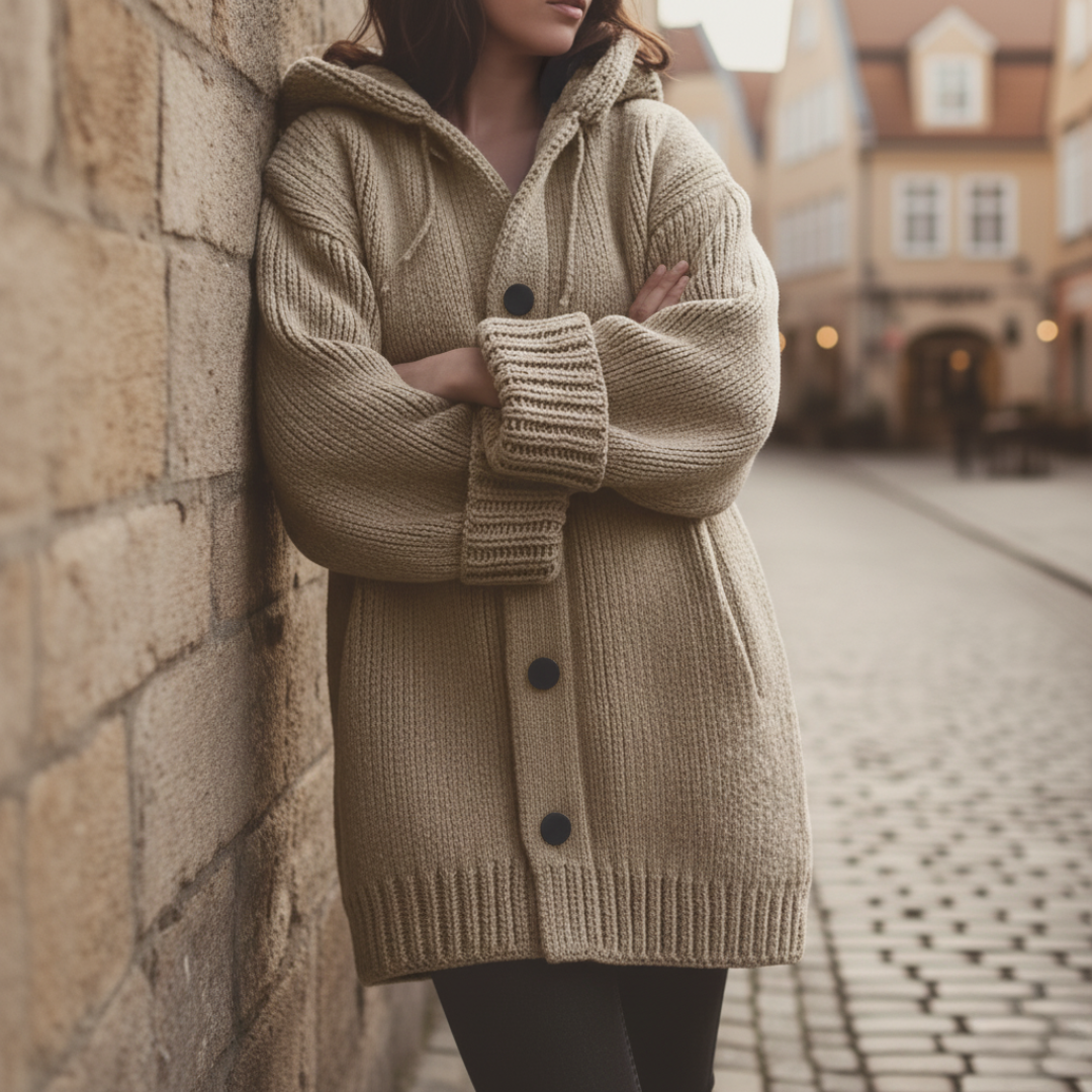 Cardigan Oversize Donna con Cappuccio in Misto Fibre