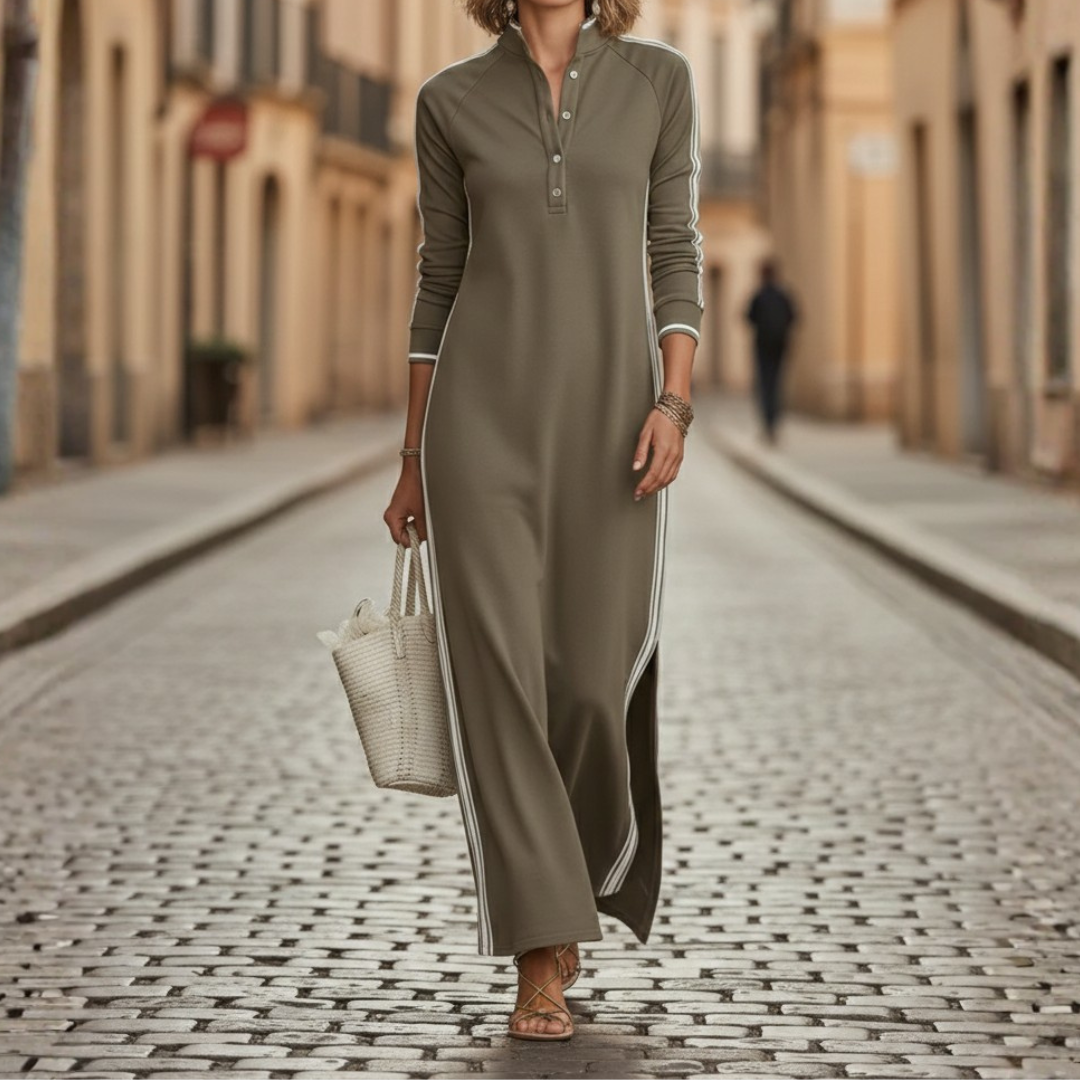Abito Maxi Donna con Bottoni e Profili Bianchi