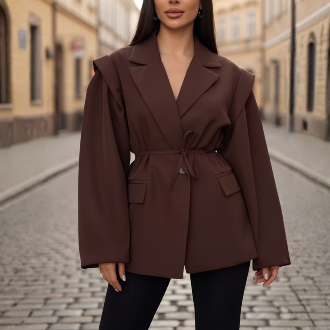 Giacca Blazer Donna con Cintura e Spalle Strutturate