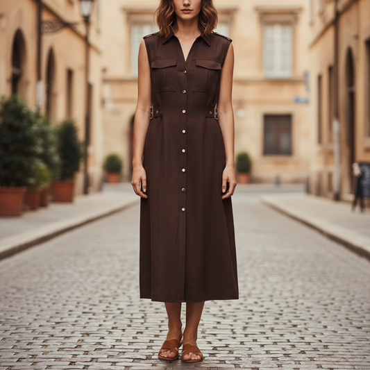 Abito Camicia Midi Donna in Lino Senza Maniche con Bottoni Stile Utility