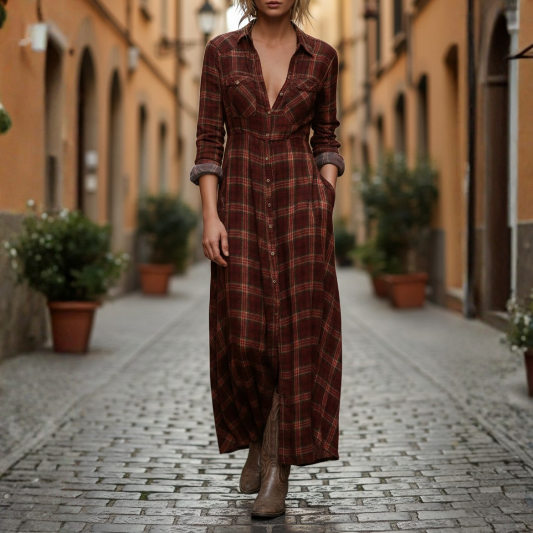 Abito Maxi Donna a Quadri con Bottoni e Maniche Lunghe
